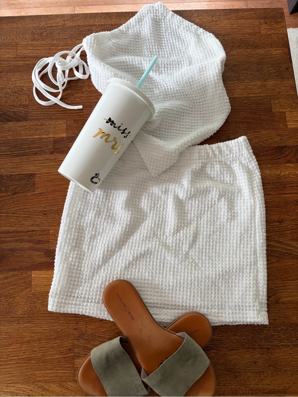 White Waffle Knit Two-Piece Skirt Set - Women